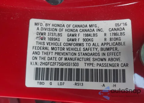 2016 Honda Civic Ex from USA, damaged, VIN 2HGFC2F75GH551503